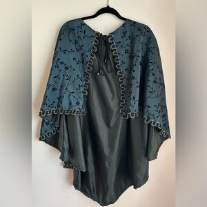 Dark teal, black, & silver satin cape with velvet floral detail & glitter